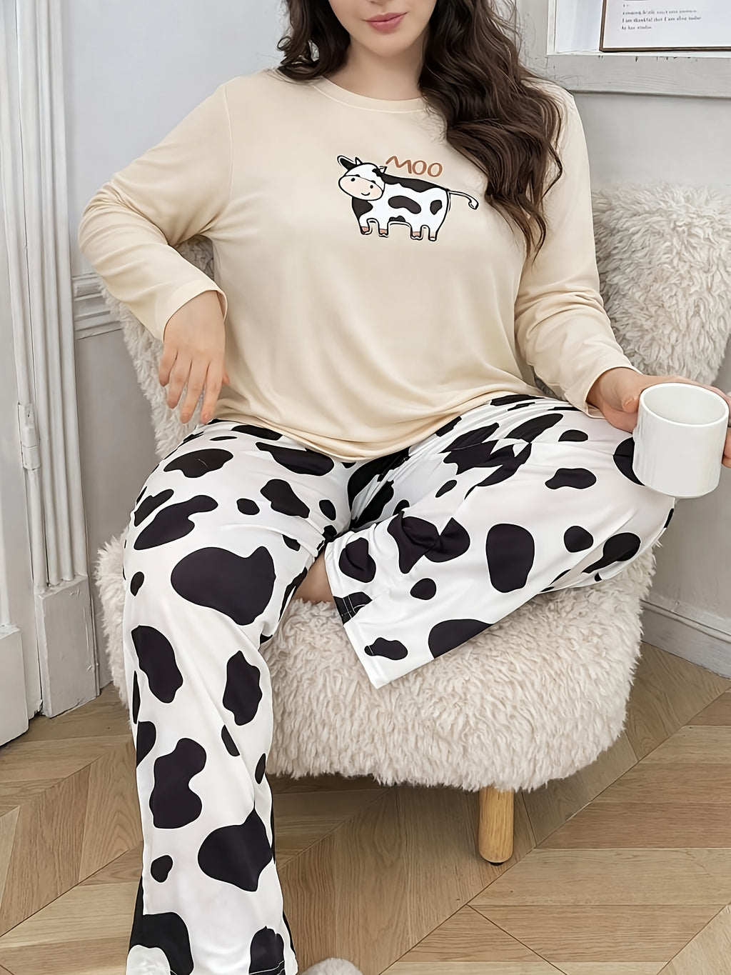 Pyjama grande taille à imprimé géométrique, coupe ample, manches longues, autre coloris