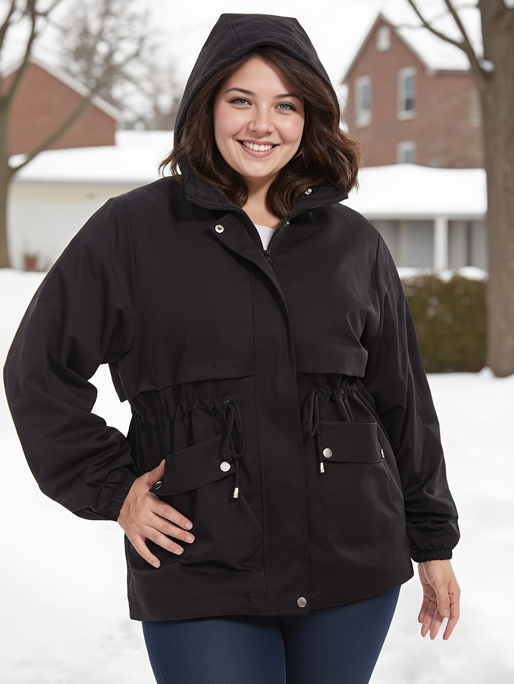 Veste grande taille, coupe oversize, cordon de serrage, capuche, détail du tissu