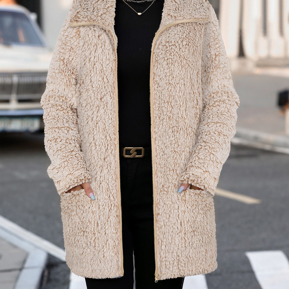 Manteau grande taille, col cardigan, fermeture zippée, chaleur d'hiver — composition : 100% Polyester Image