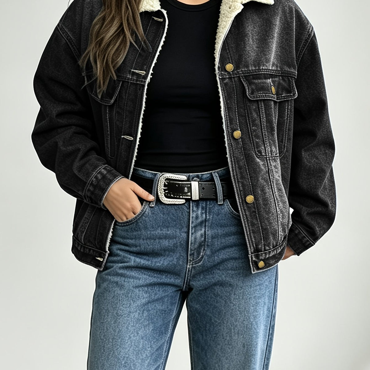 Short grande taille, coupe oversize, tenue franche, chaleur d'hiver — matière : denim Image
