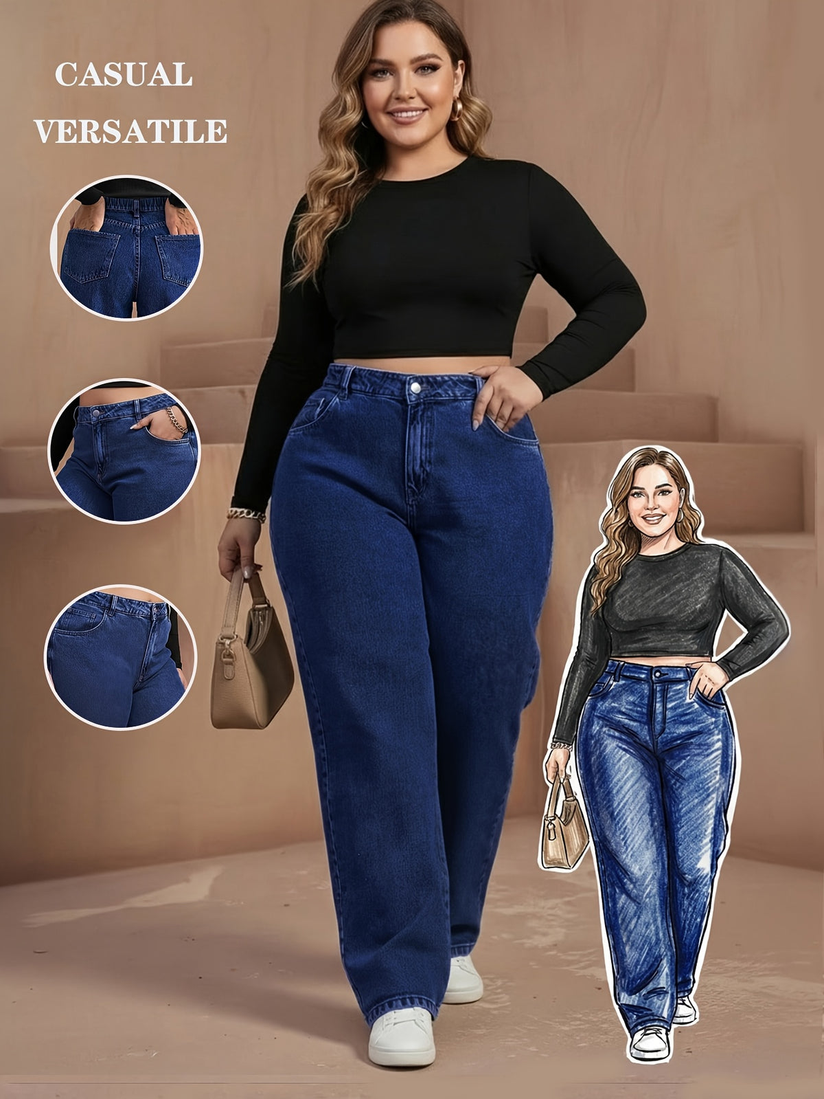 Jean grande taille, coupe droite, délavage doux, tenue franche — matière : denim