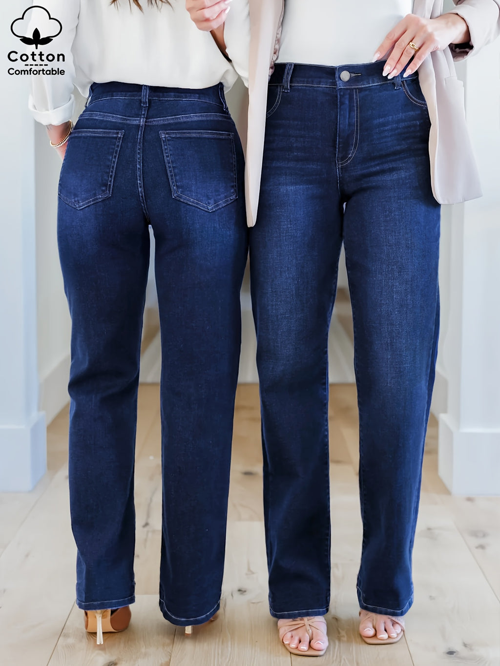 Jean grande taille, boutonnage, tenue franche, esprit décontracté