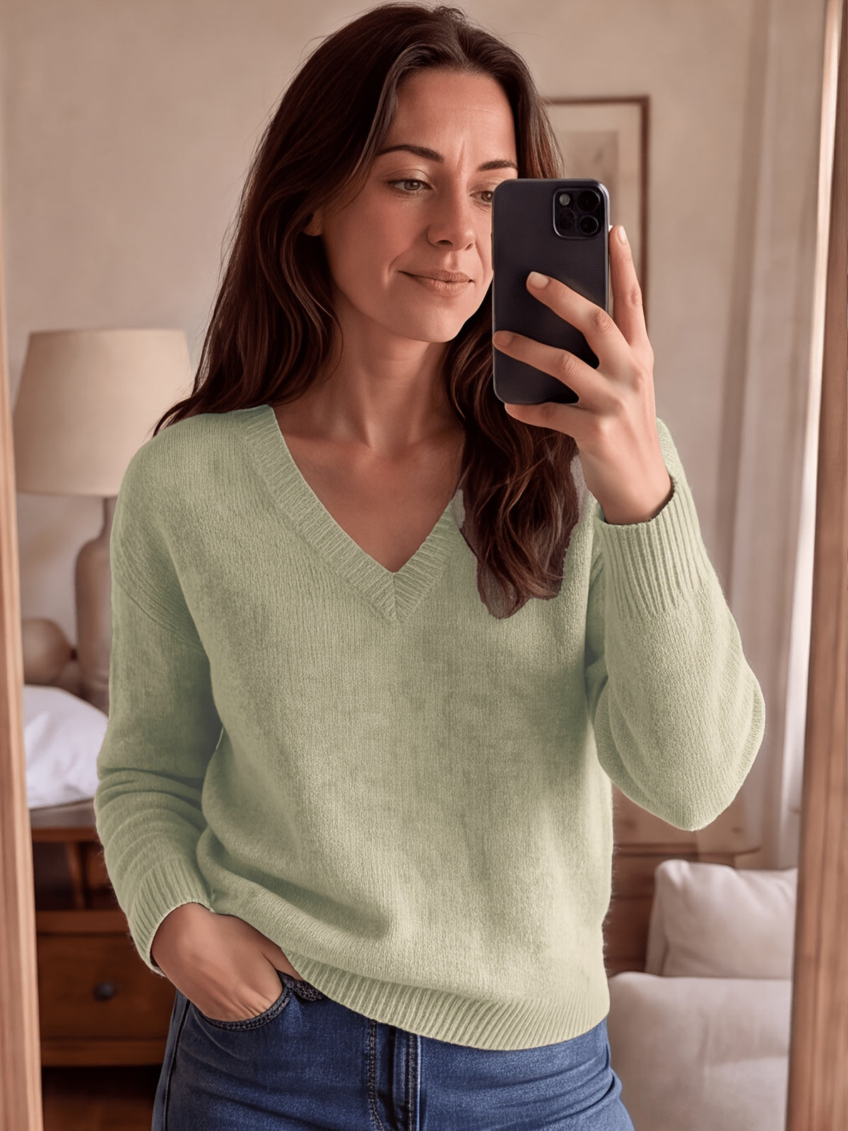 Pull grande taille en laine, coupe ample, manches longues, tenue chaude, mise en situation
