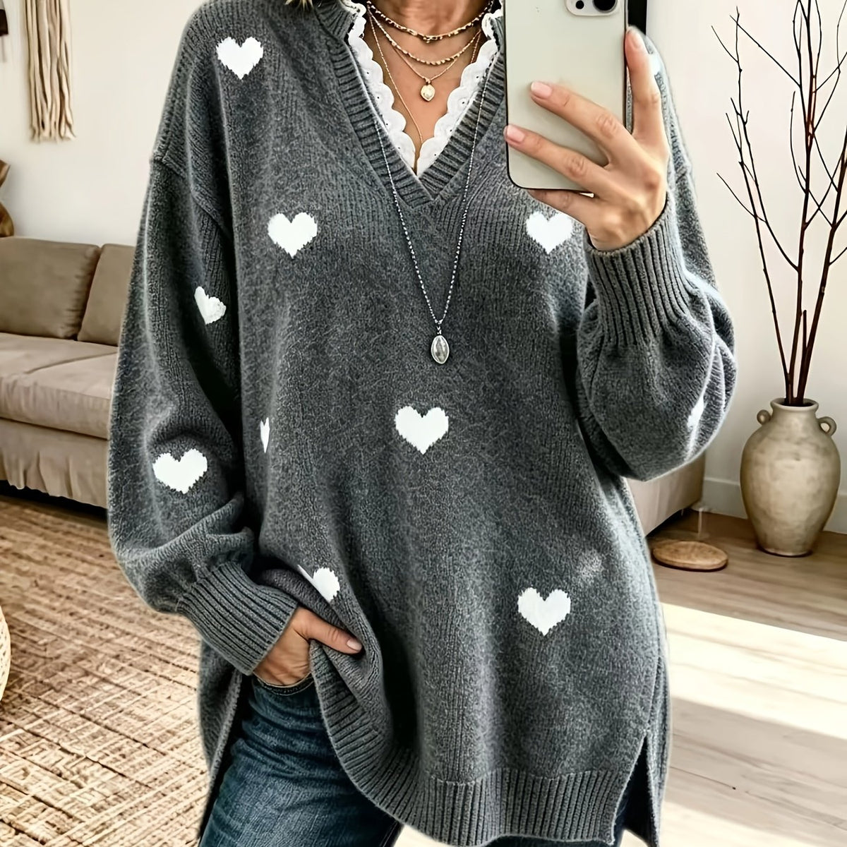 Pull grande taille en dentelle, coupe oversize, effet ajouré, chaleur d'hiver — matière : polyester