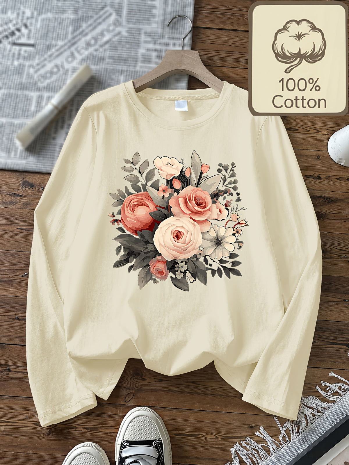 Top grande taille, col rond, manches longues, toucher naturel, visuel produit