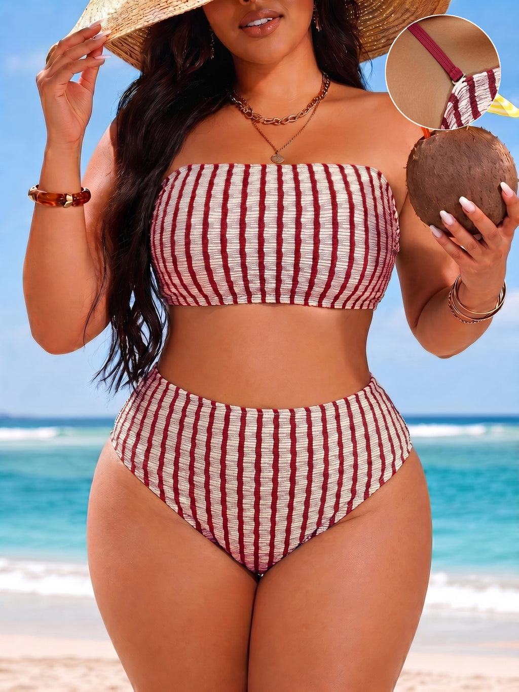 Bikini bandeau grande taille, rayures et bas remontant