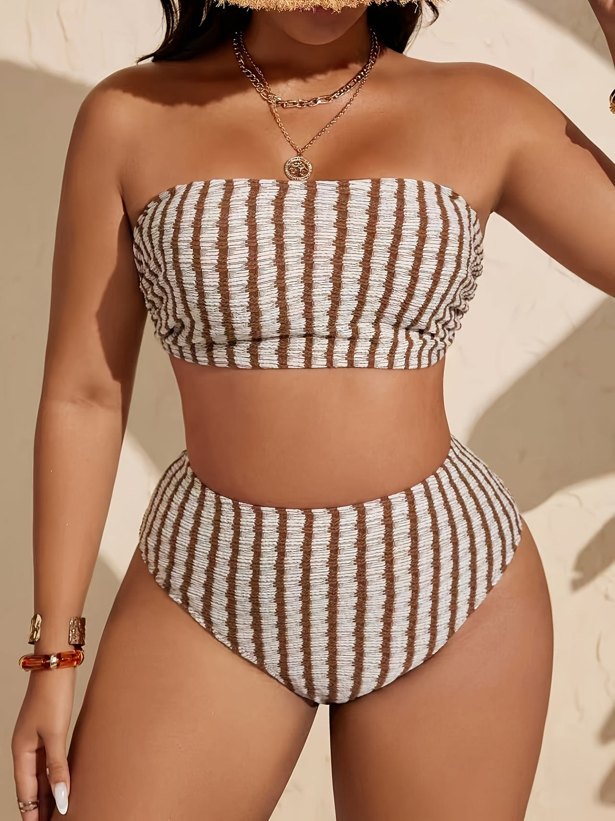 Bikini bandeau grande taille — Rayures gaufrées camel et écru