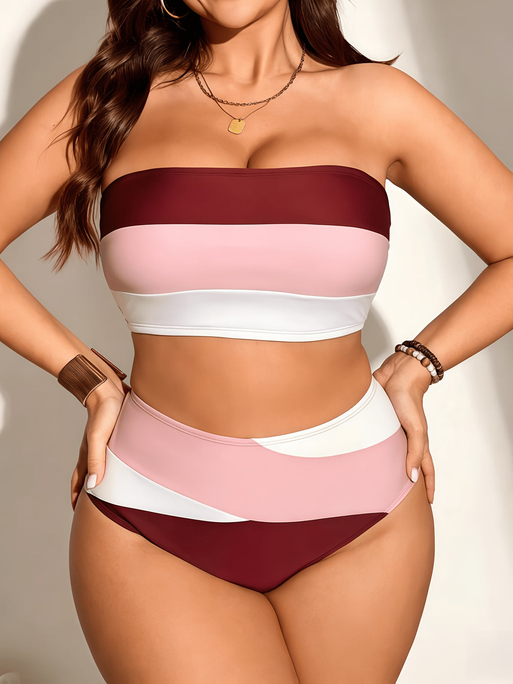 Bikini bandeau grande taille — Bandes camel ou vert d'eau