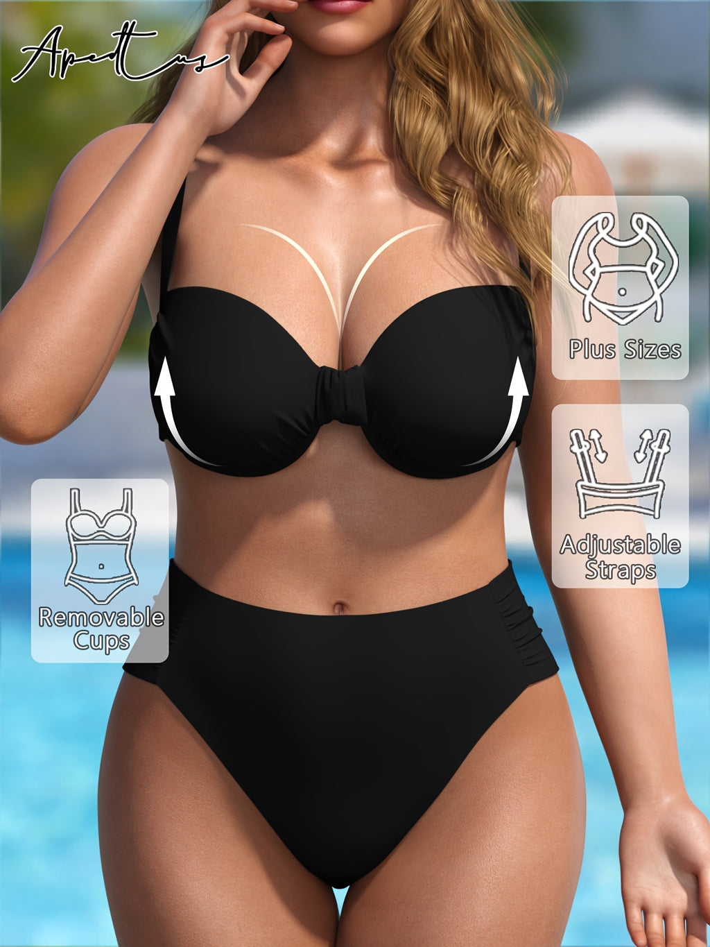 Bikini bandeau grande taille — Noir uni et buste à nouer