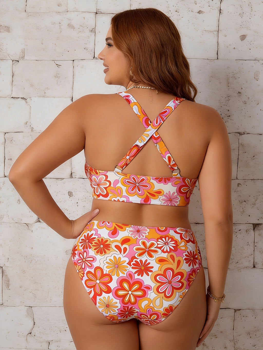 Bikini grande taille — Fleurs rétro orange et dos croisé