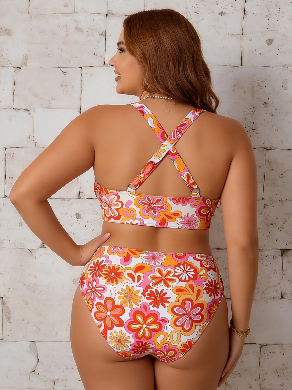 Bikini grande taille — Fleurs rétro orange et dos croisé