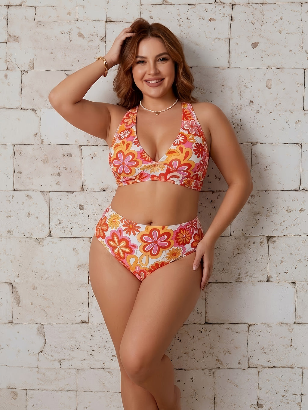 Bikini grande taille — Fleurs rétro orange et dos croisé