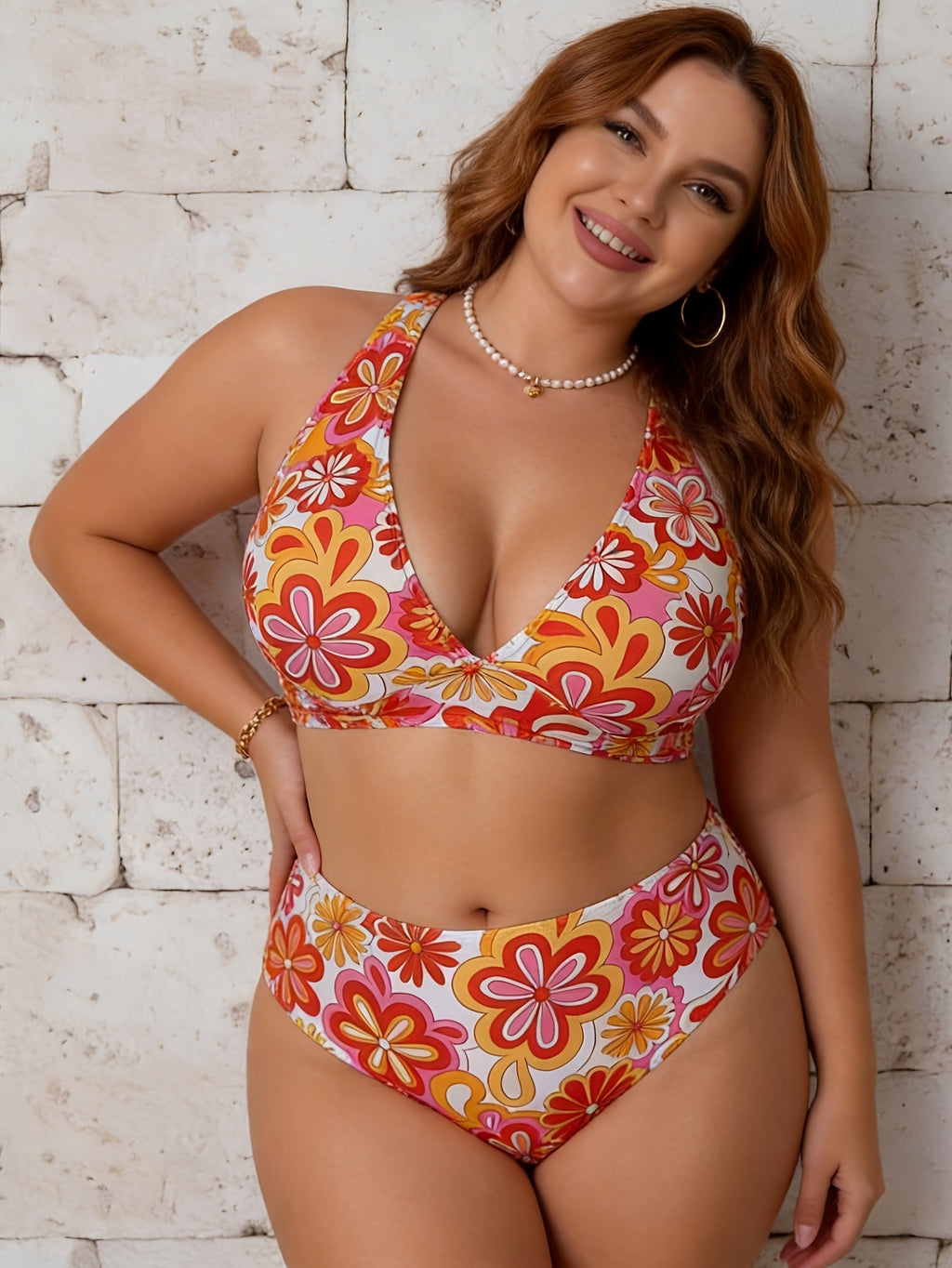 Bikini grande taille — Fleurs rétro orange et dos croisé
