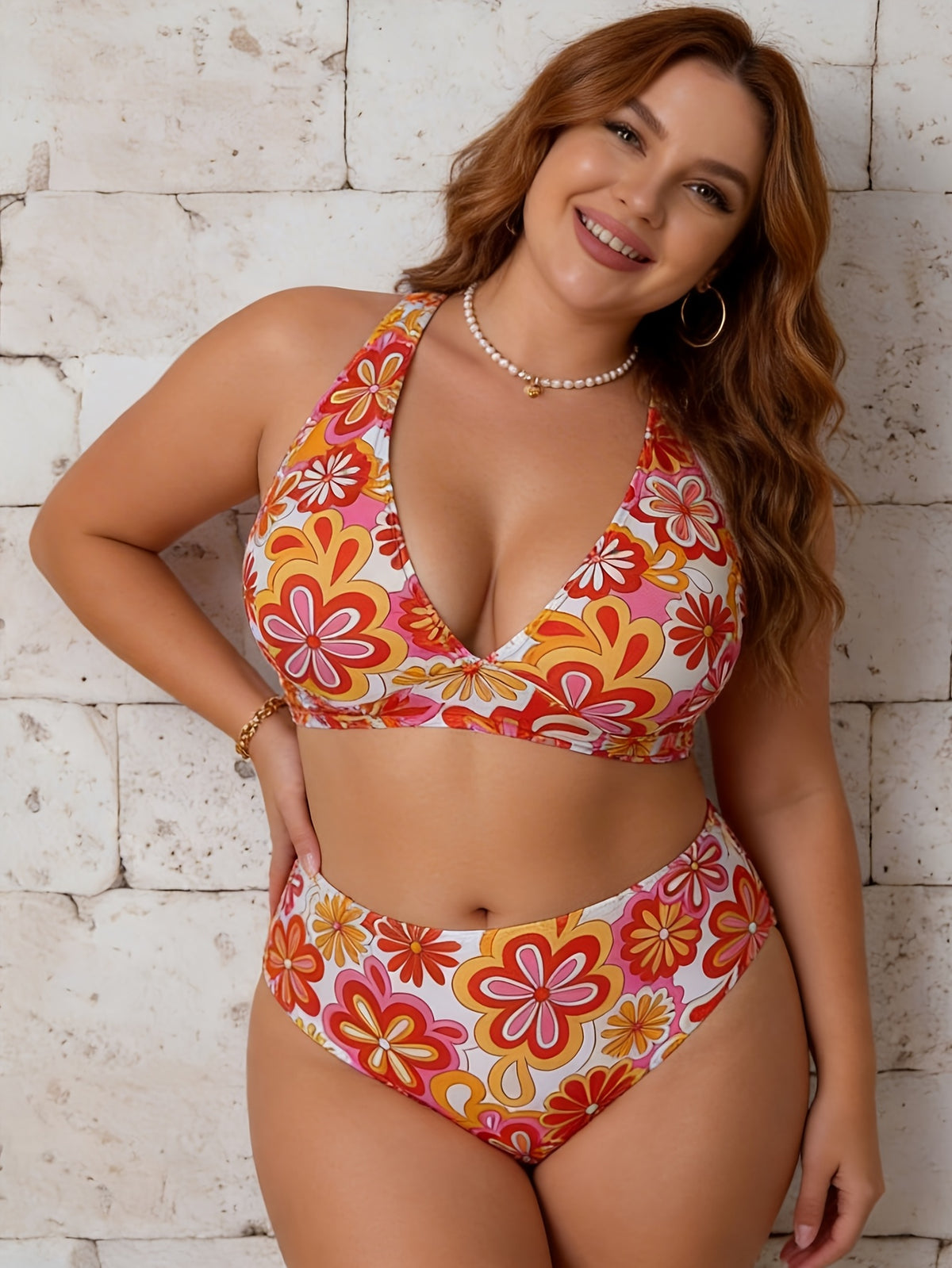 Bikini grande taille — Fleurs rétro orange et dos croisé