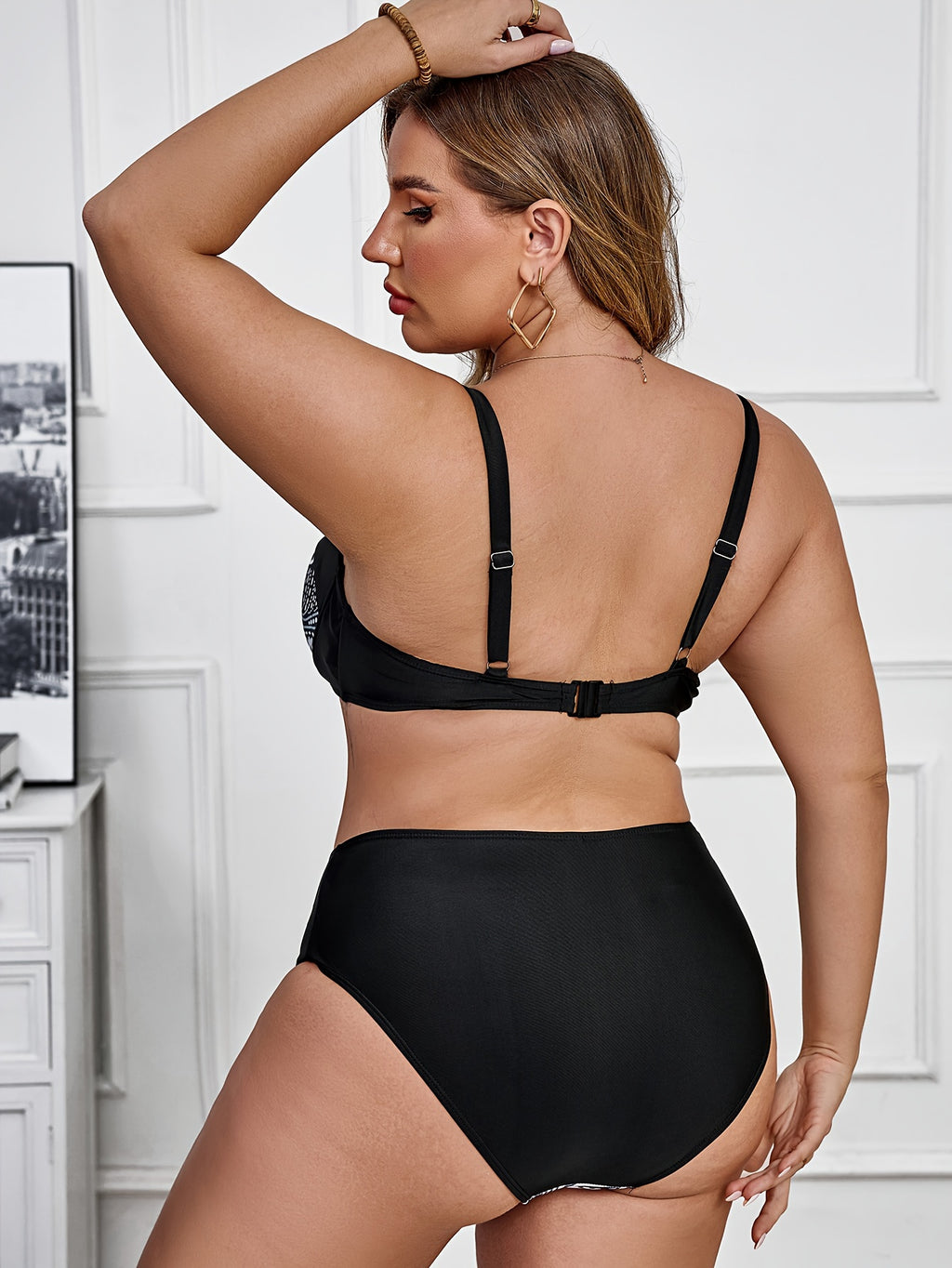 Bikini grande taille — Motif cachemire noir sur fond blanc