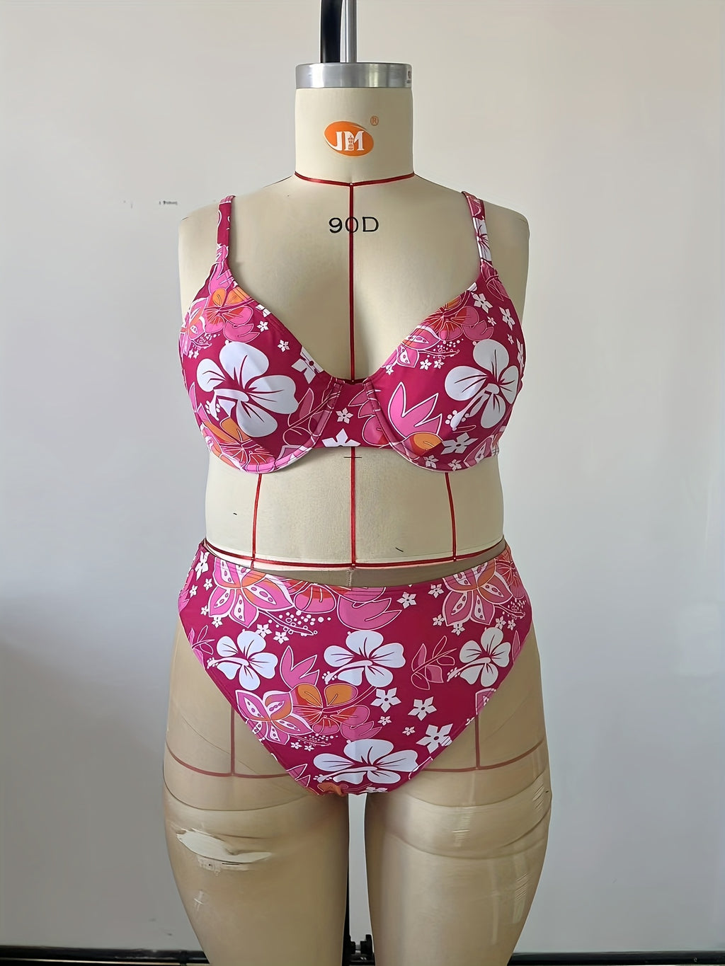 Bikini femme grande taille — Hibiscus blancs sur fond vert
