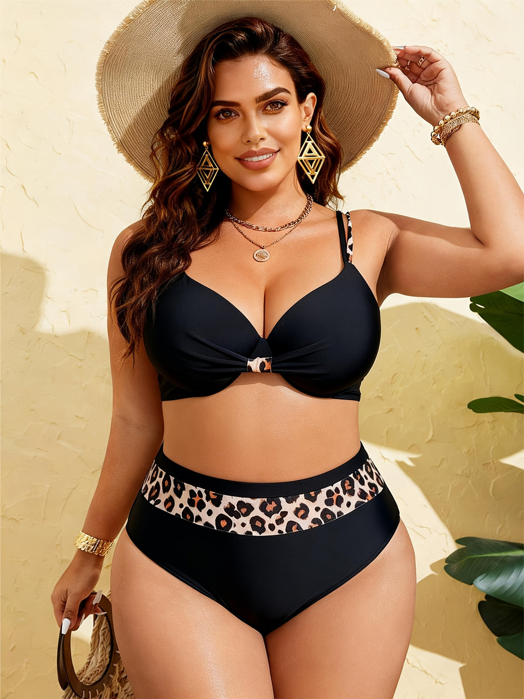 Bikini femme grande taille — Noir à empiècements léopard