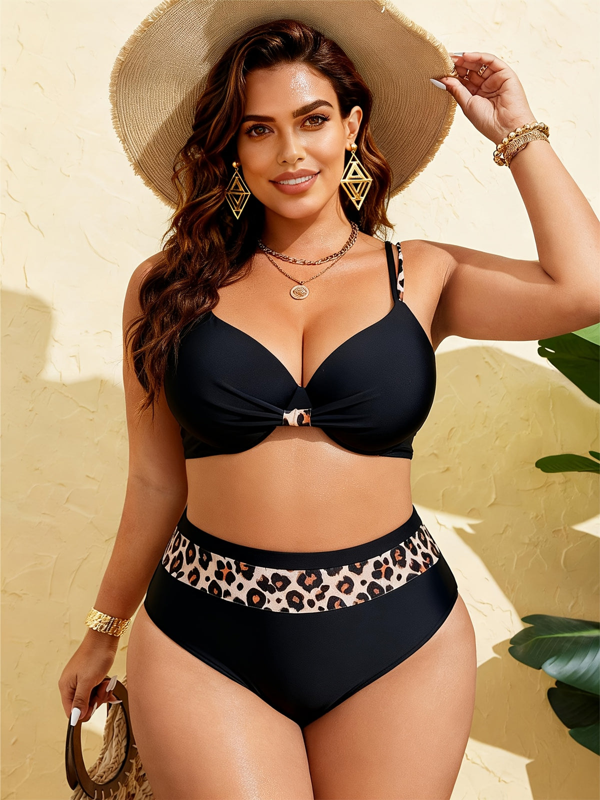 Bikini femme grande taille — Noir à empiècements léopard
