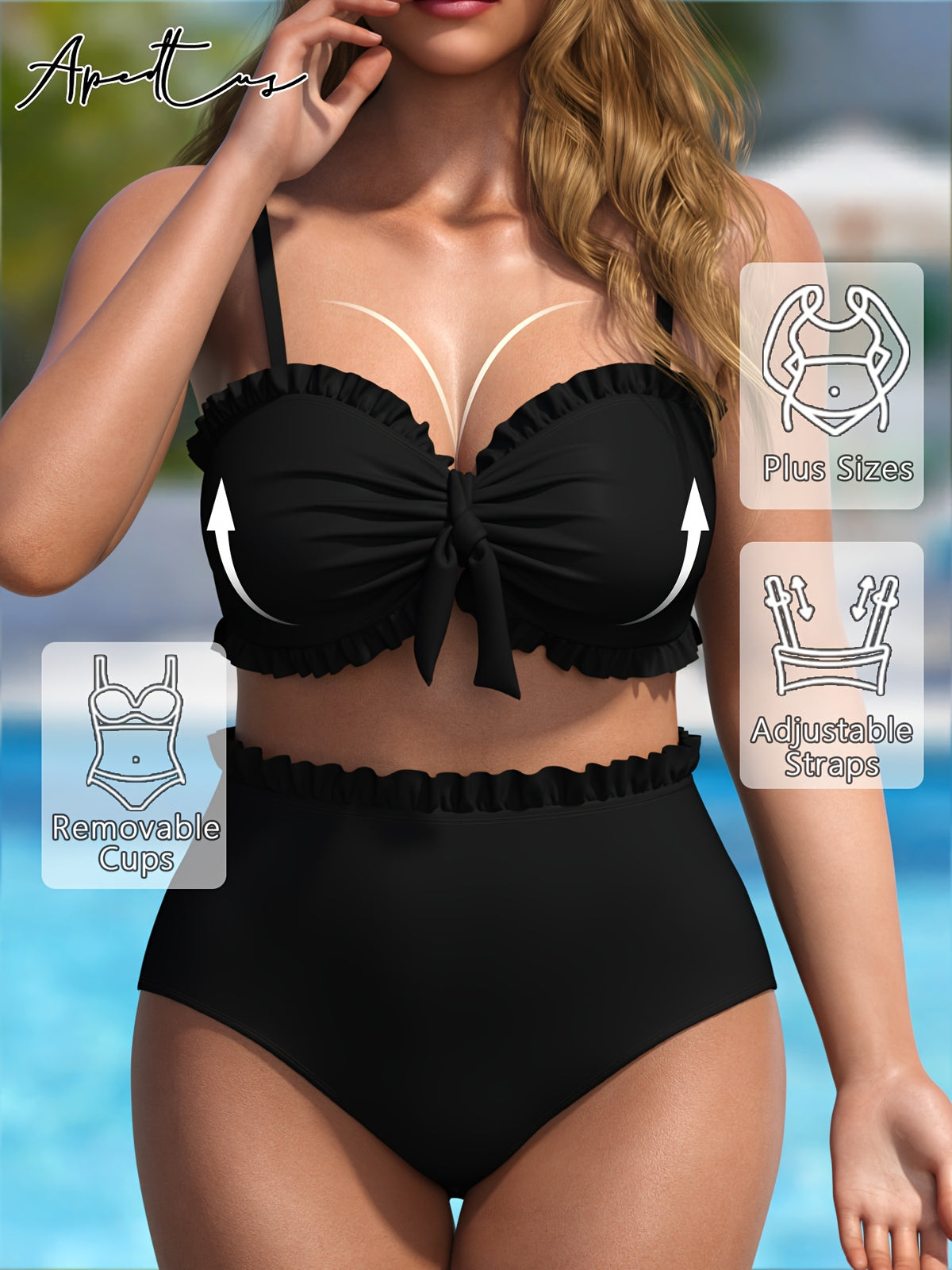 Bikini grande taille — Noir à volants et coques amovibles