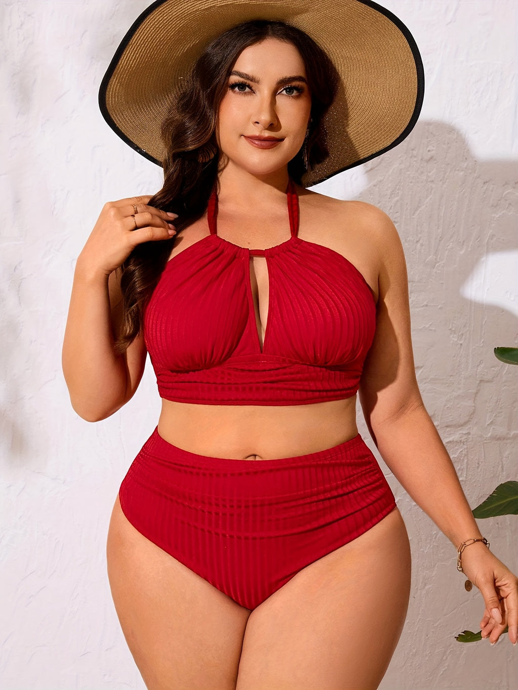 Bikini grande taille — Rouge côtelé à col licou et goutte