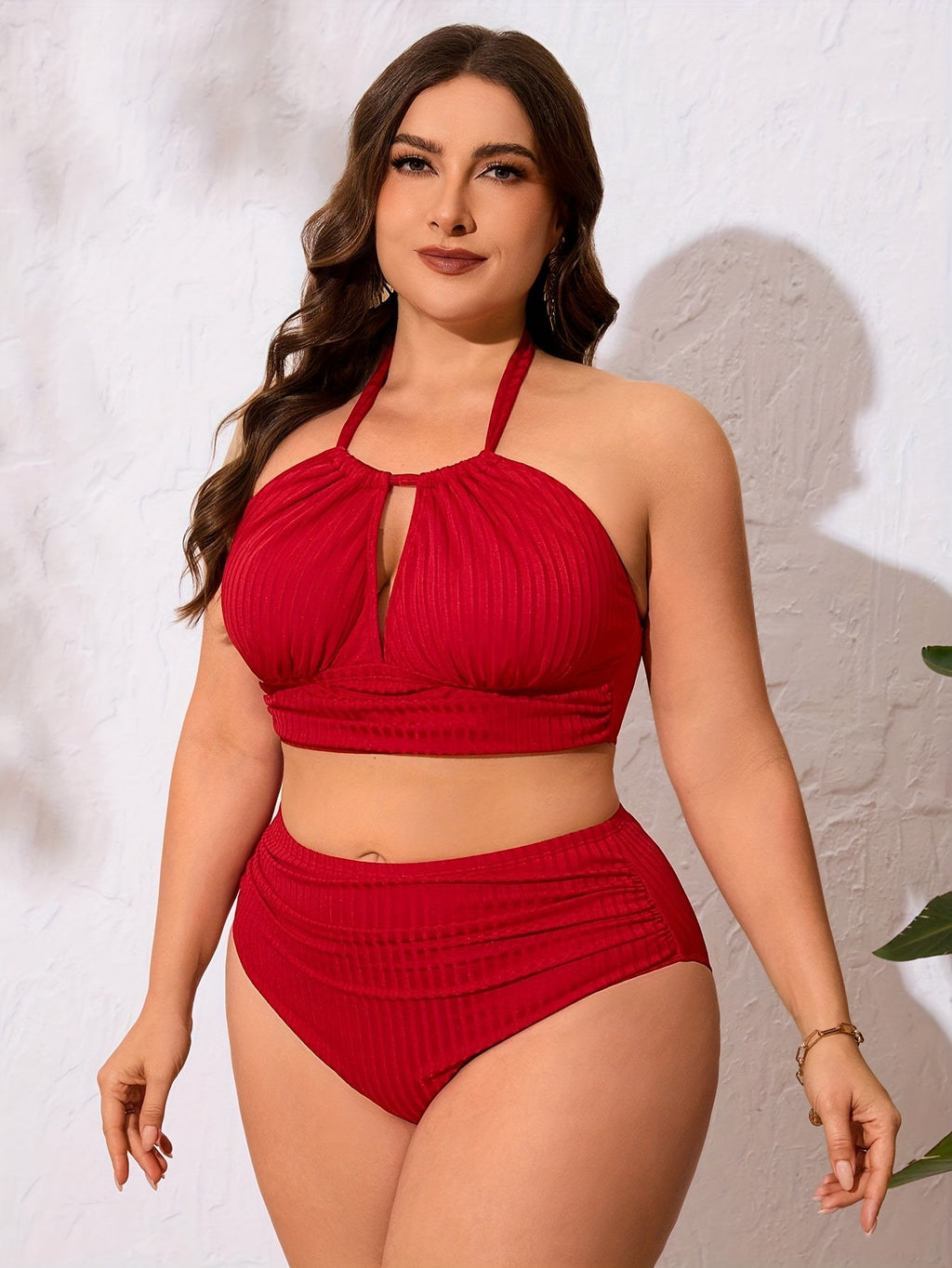 Bikini grande taille — Rouge côtelé à col licou et goutte