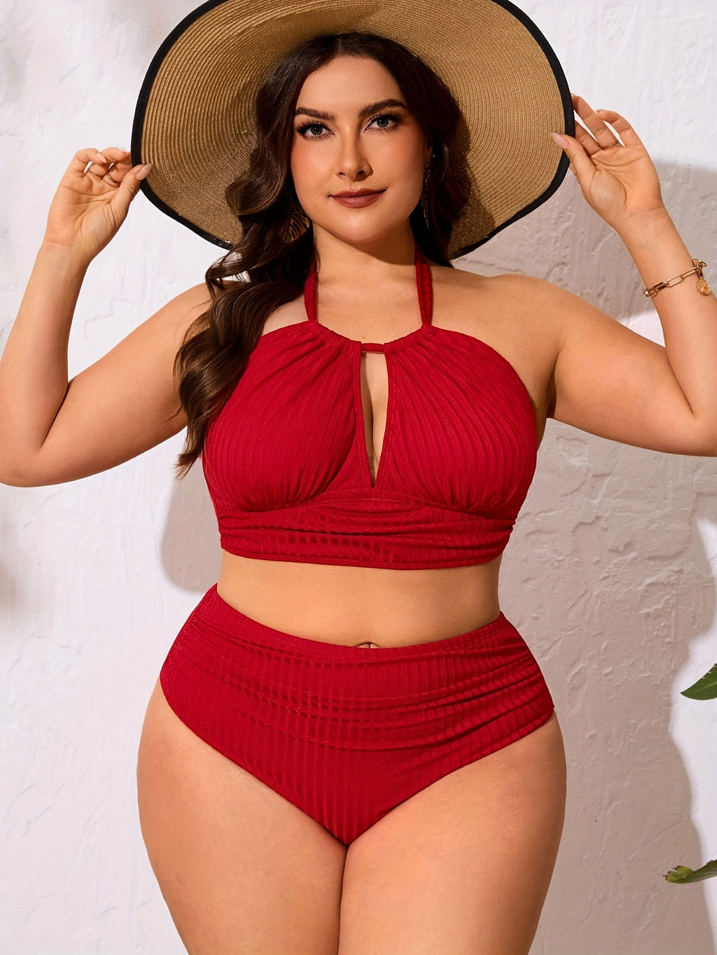 Bikini grande taille — Rouge côtelé à col licou et goutte