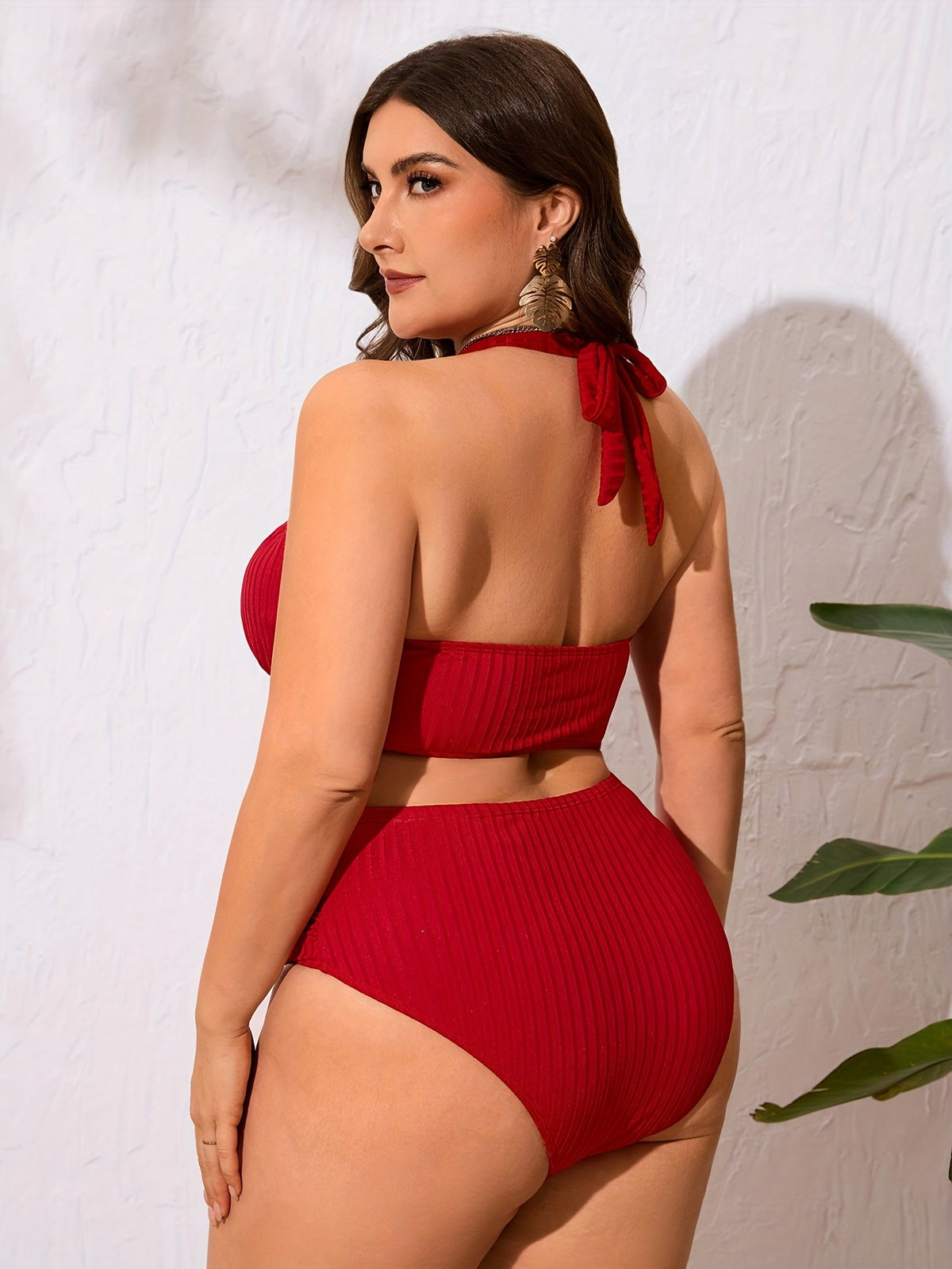 Bikini grande taille — Rouge côtelé à col licou et goutte