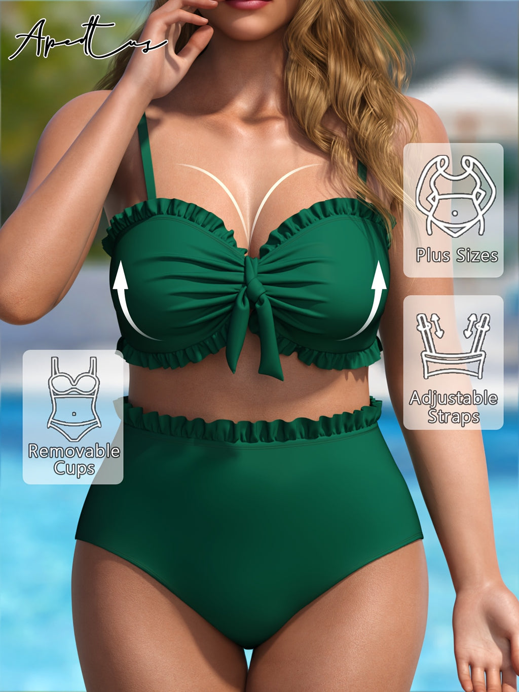 Bikini grande taille — Vert foncé à volants et taille haute