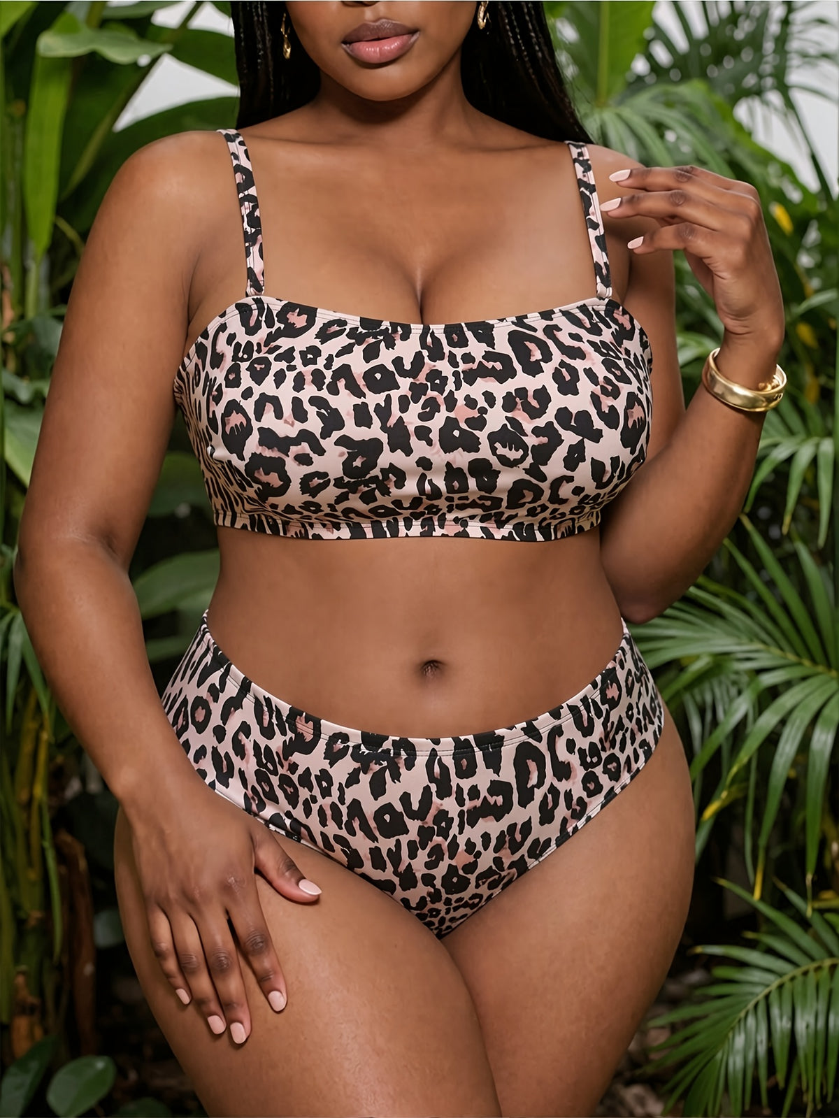 Bikini bandeau grande taille — Léopard sable et taille haute