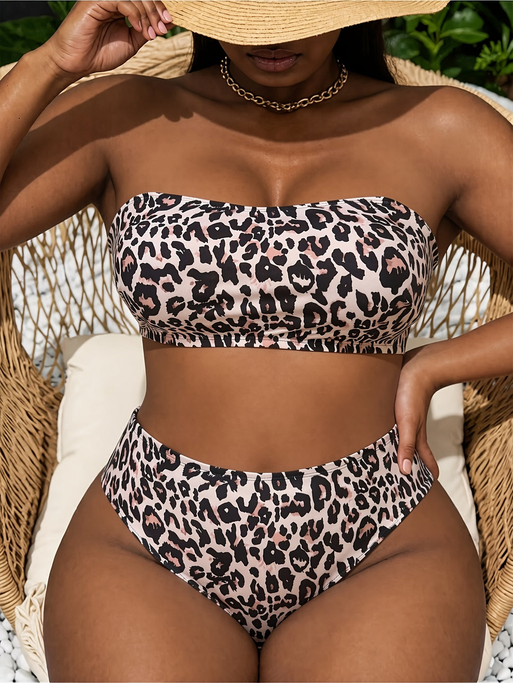 Bikini bandeau grande taille — Léopard sable et taille haute