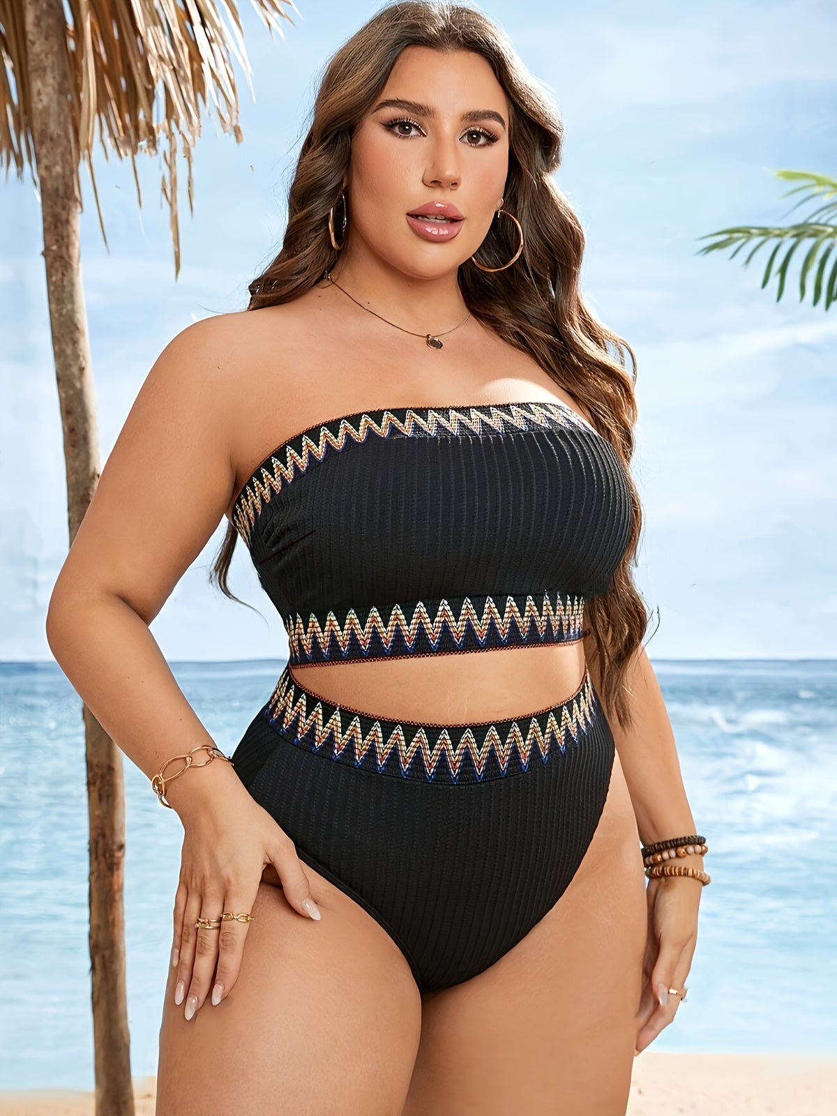 Bikini bandeau grande taille — Noir côtelé à galon coloré