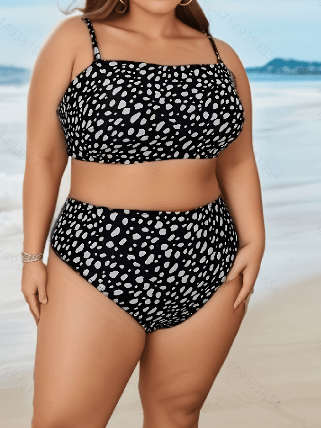 Bikini grande taille — Taches blanches sur fond noir, taille haute