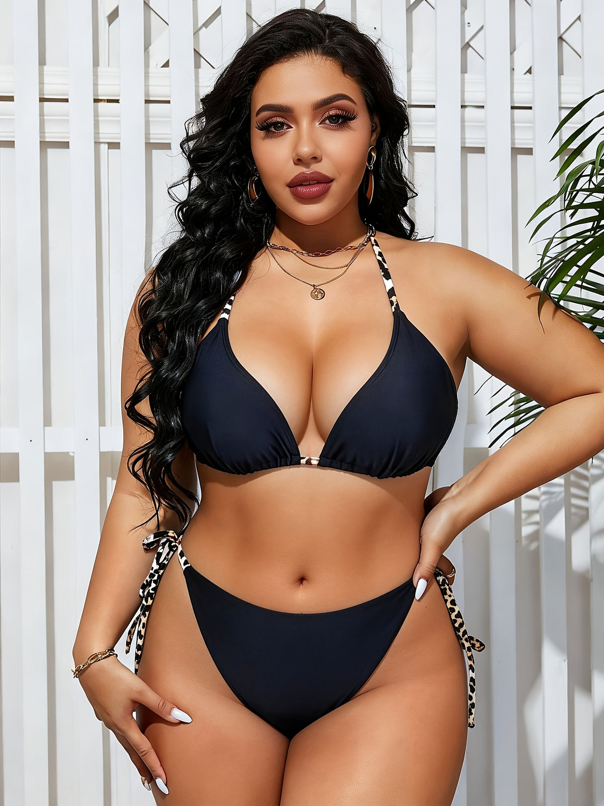 Bikini triangle grande taille — Noir à liens léopard noués