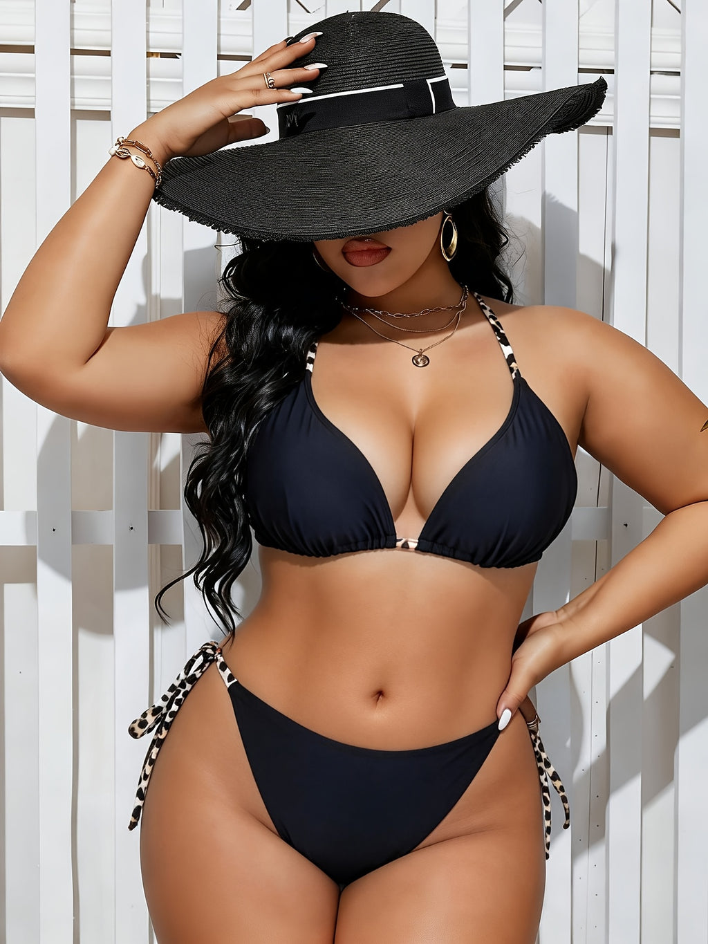 Bikini triangle grande taille — Noir à liens léopard noués