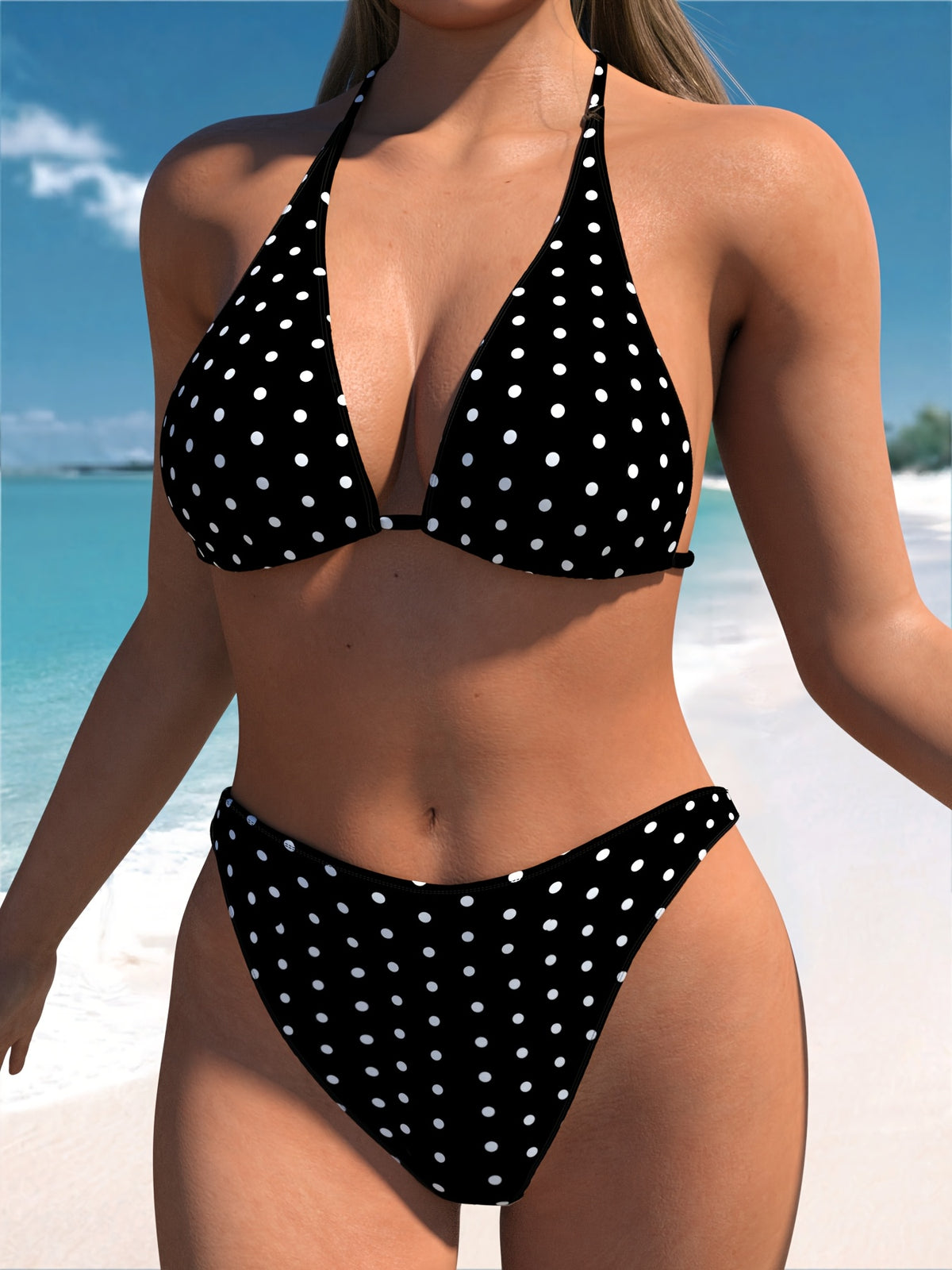 Bikini triangle grande taille — Pois blancs sur fond noir