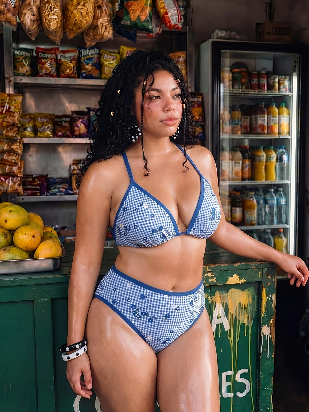 Bikini grande taille — Vichy bleu fleuri et taille haute