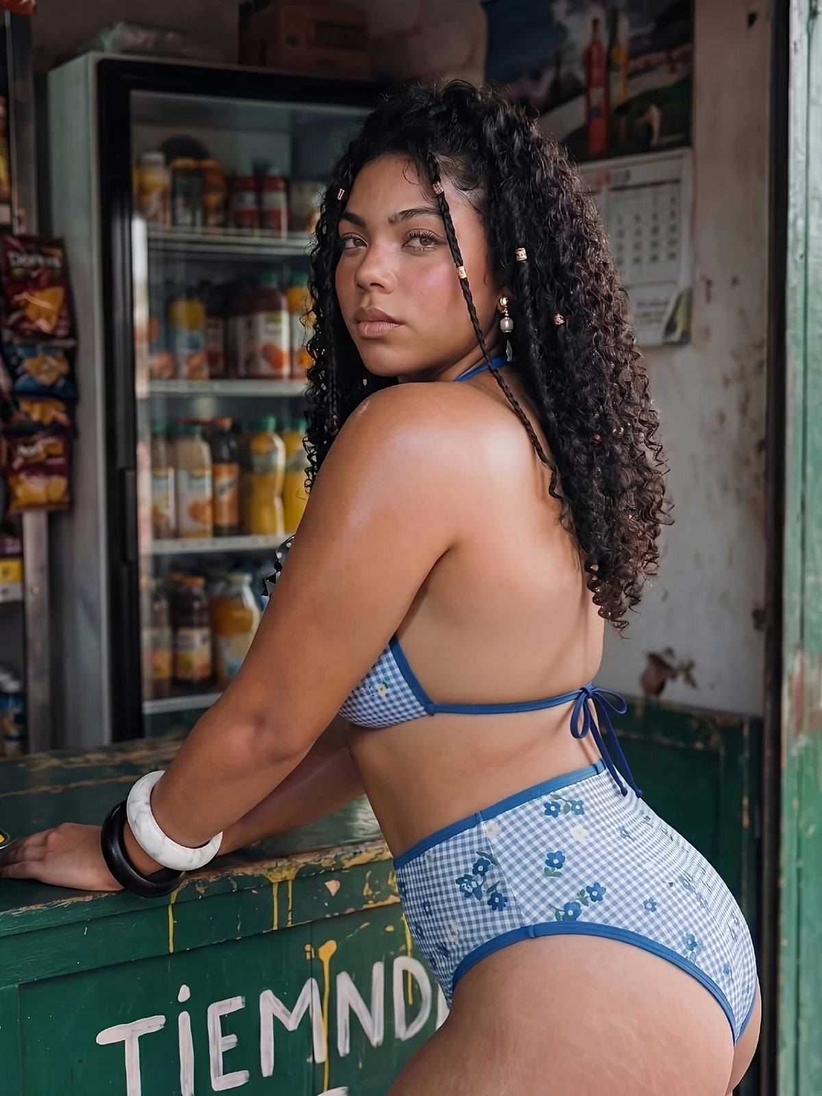 Bikini grande taille — Vichy bleu fleuri et taille haute