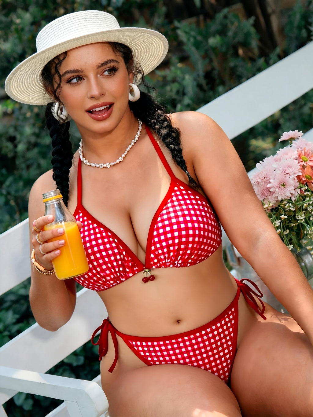 Bikini triangle grande taille, vichy à breloque cerise