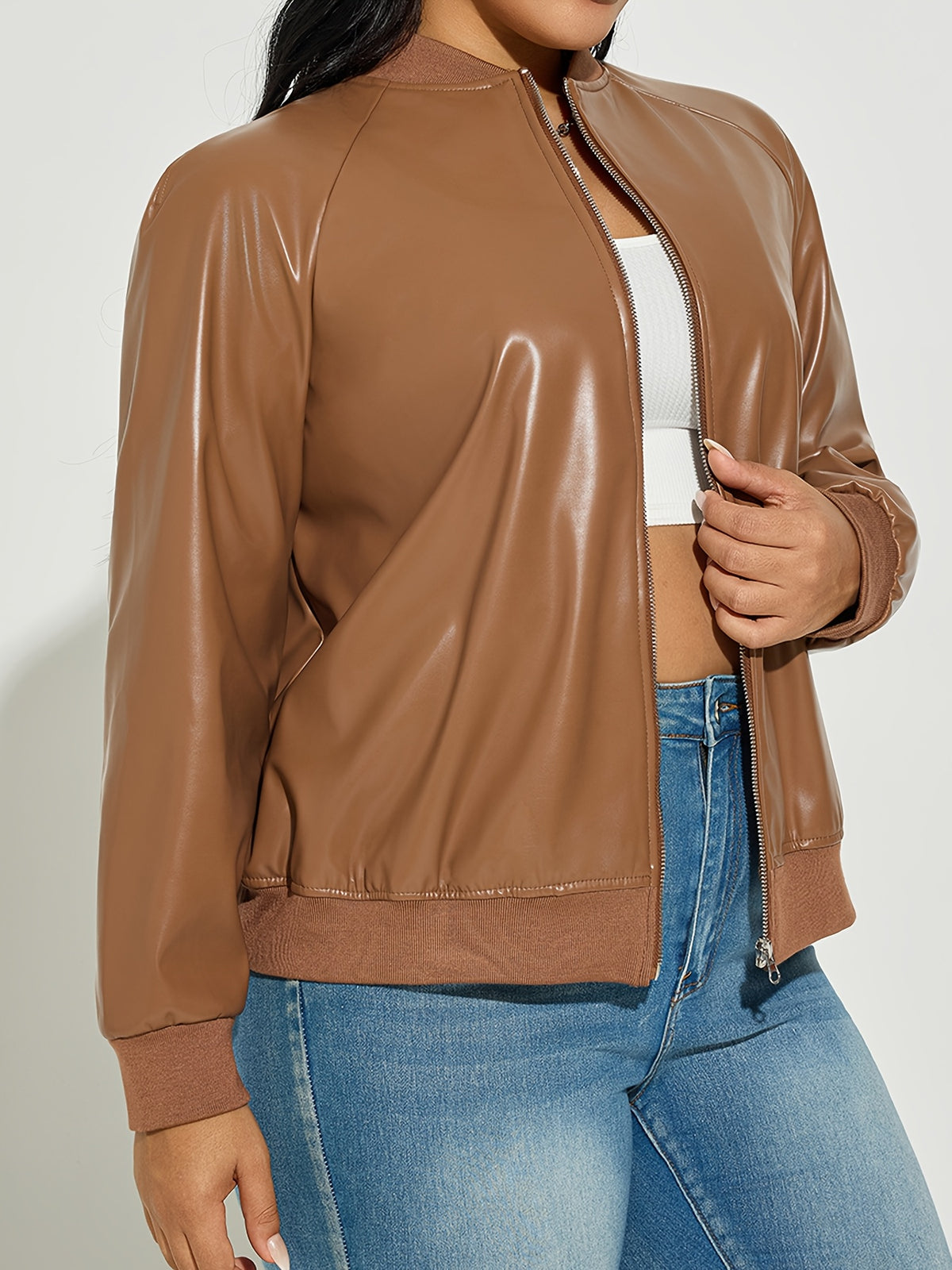 Blouson grande taille en cuir synthétique, coupe ample, allure cuir Image