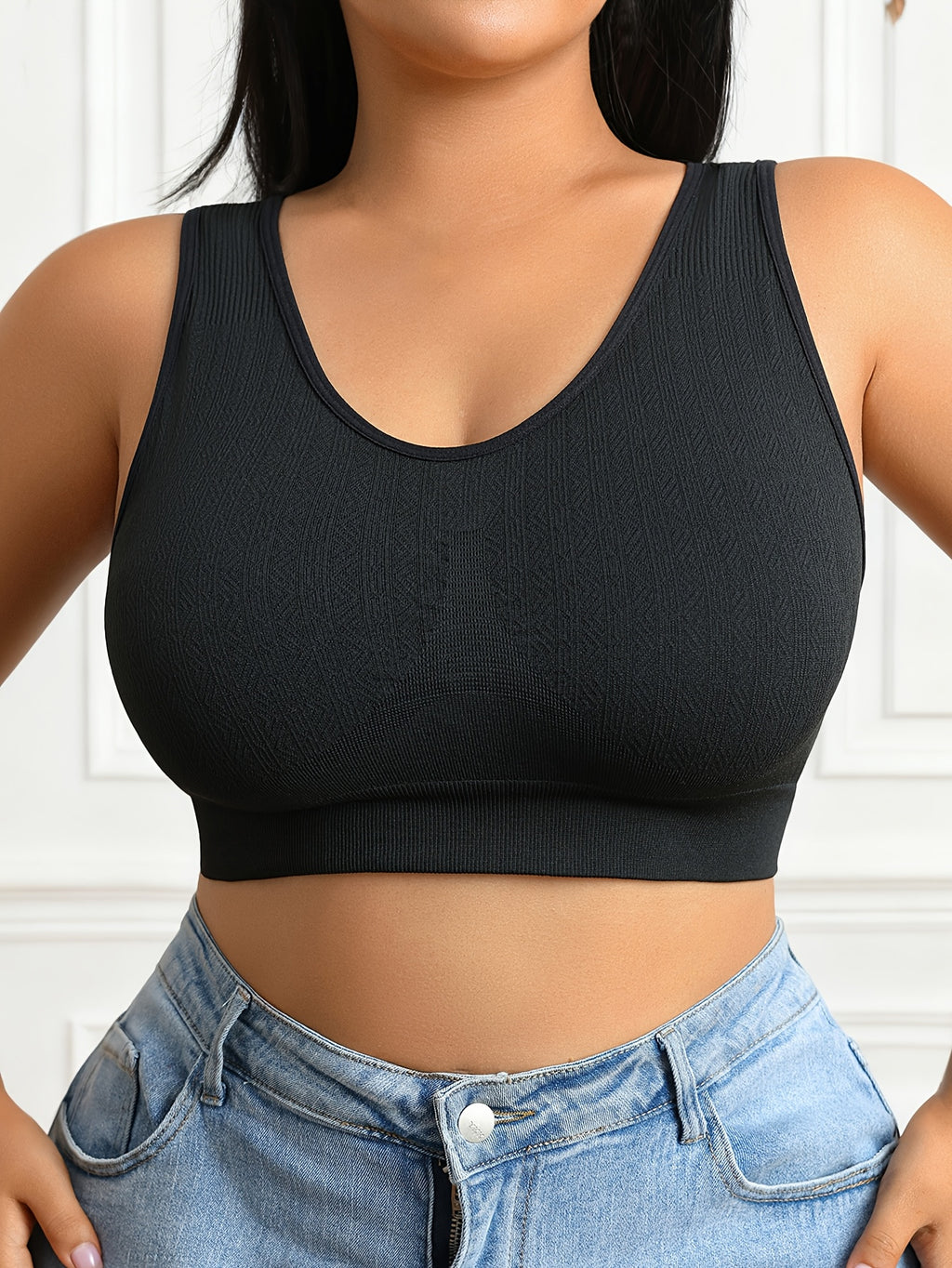 Brassière grande taille — Noir gaufré, sans agrafe ni coque