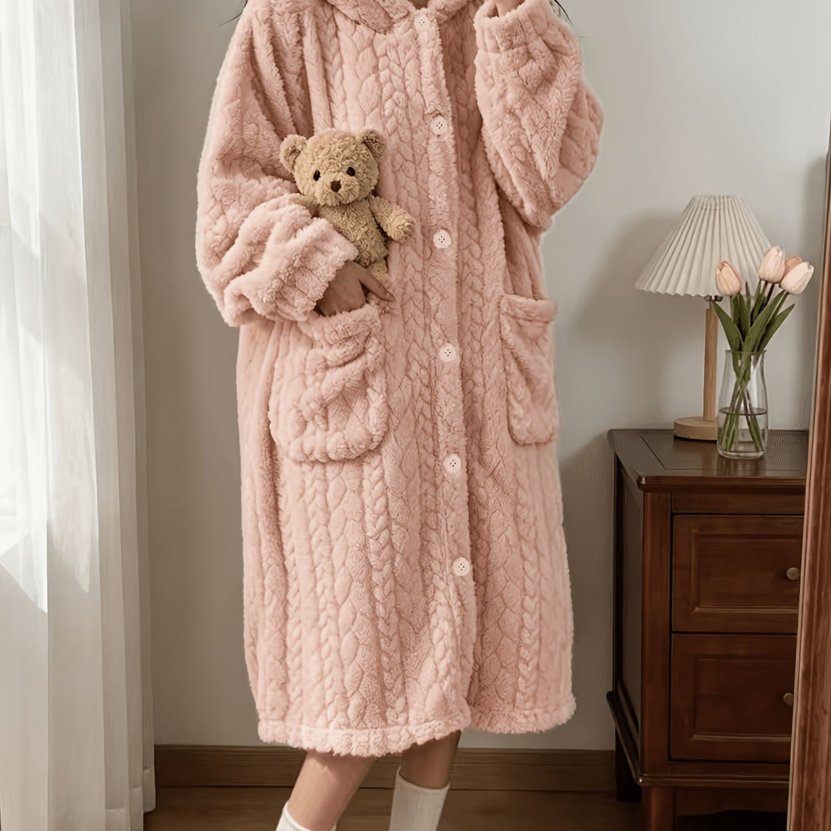 Peignoir grande taille à imprimé géométrique, manches longues, chaleur d'hiver — matière : polyester Image