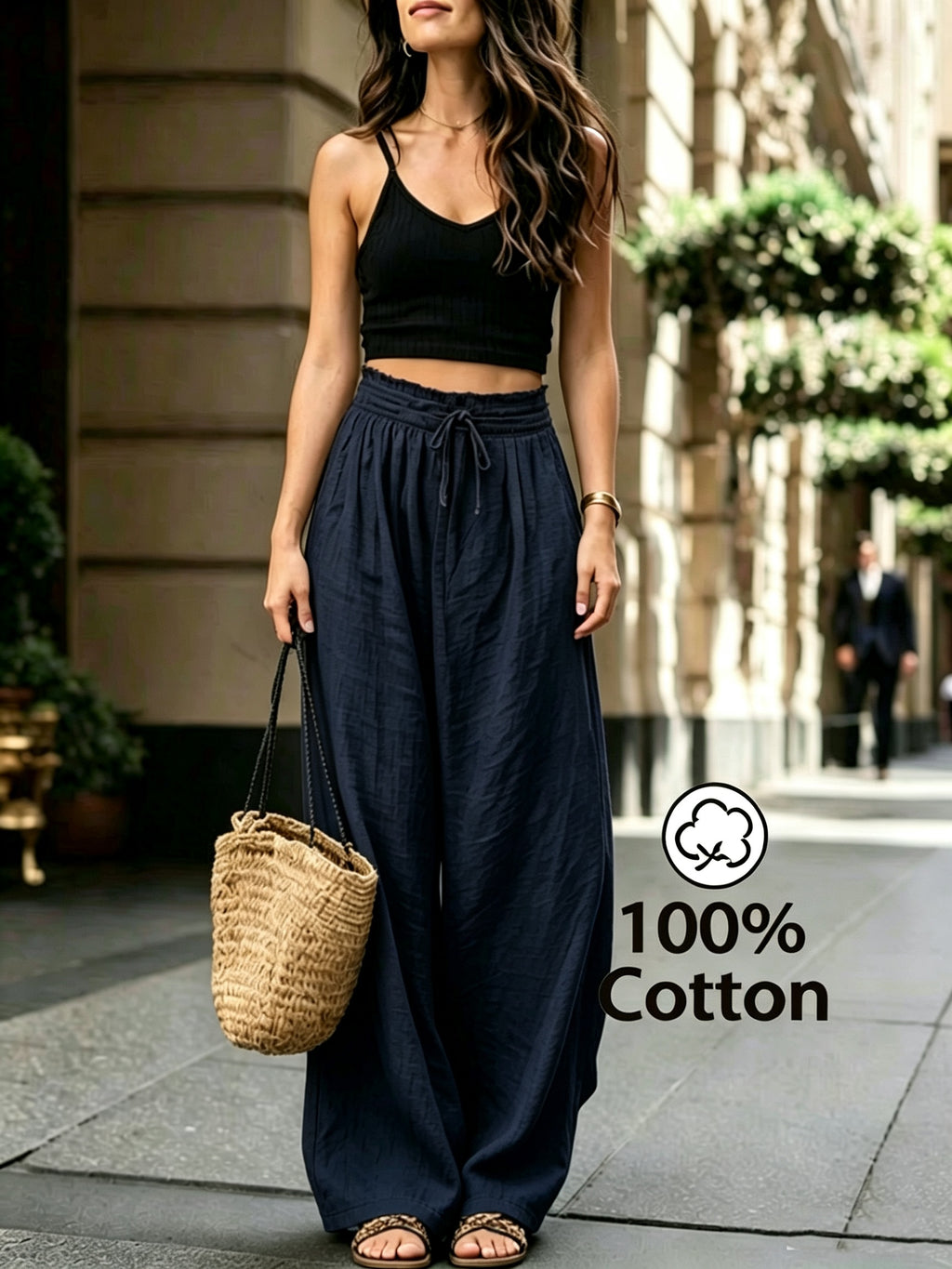Pantalon en coton grande taille — Taille froncée et cordon