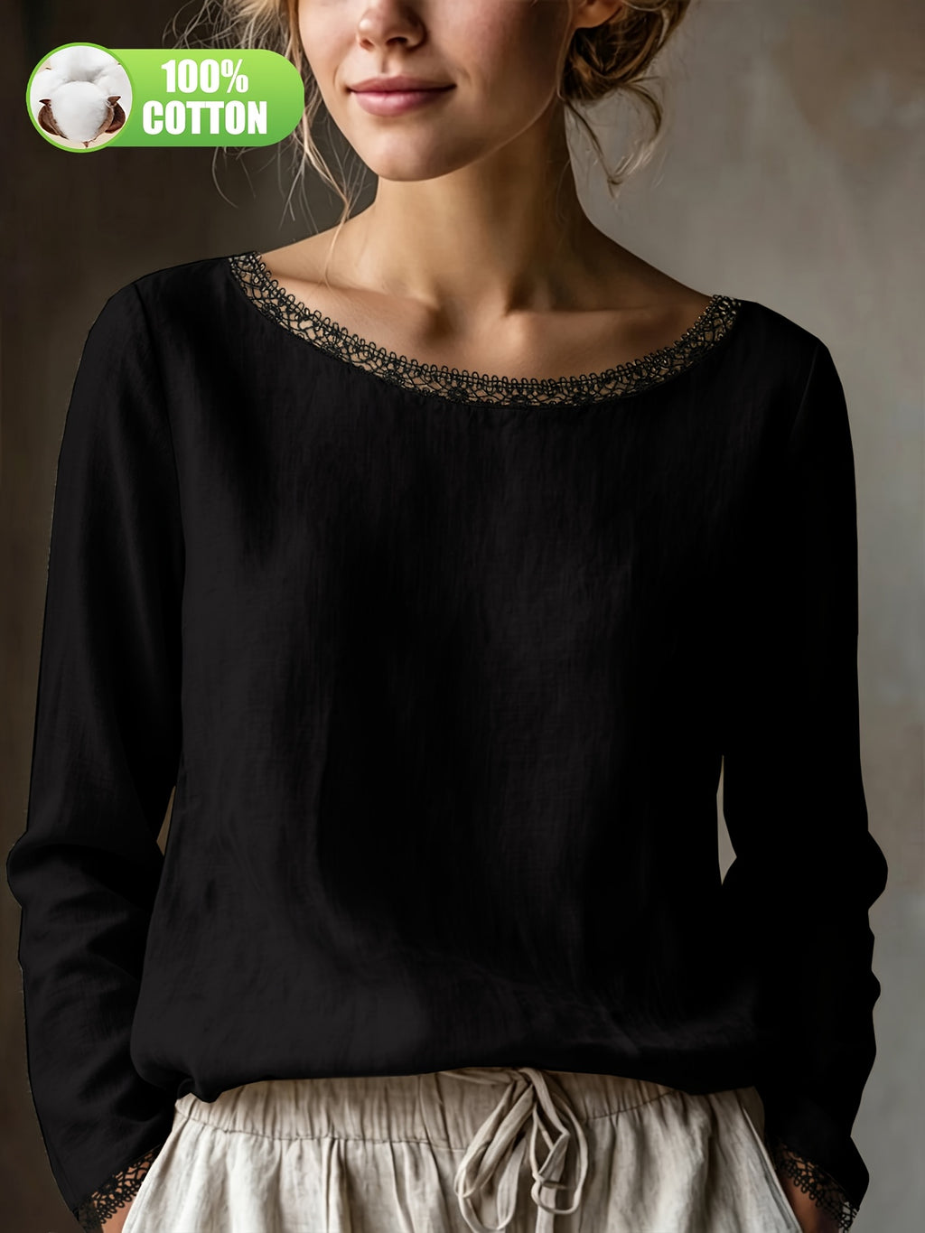 Top grande taille en dentelle, coupe ample, manches longues, toucher naturel, visuel produit