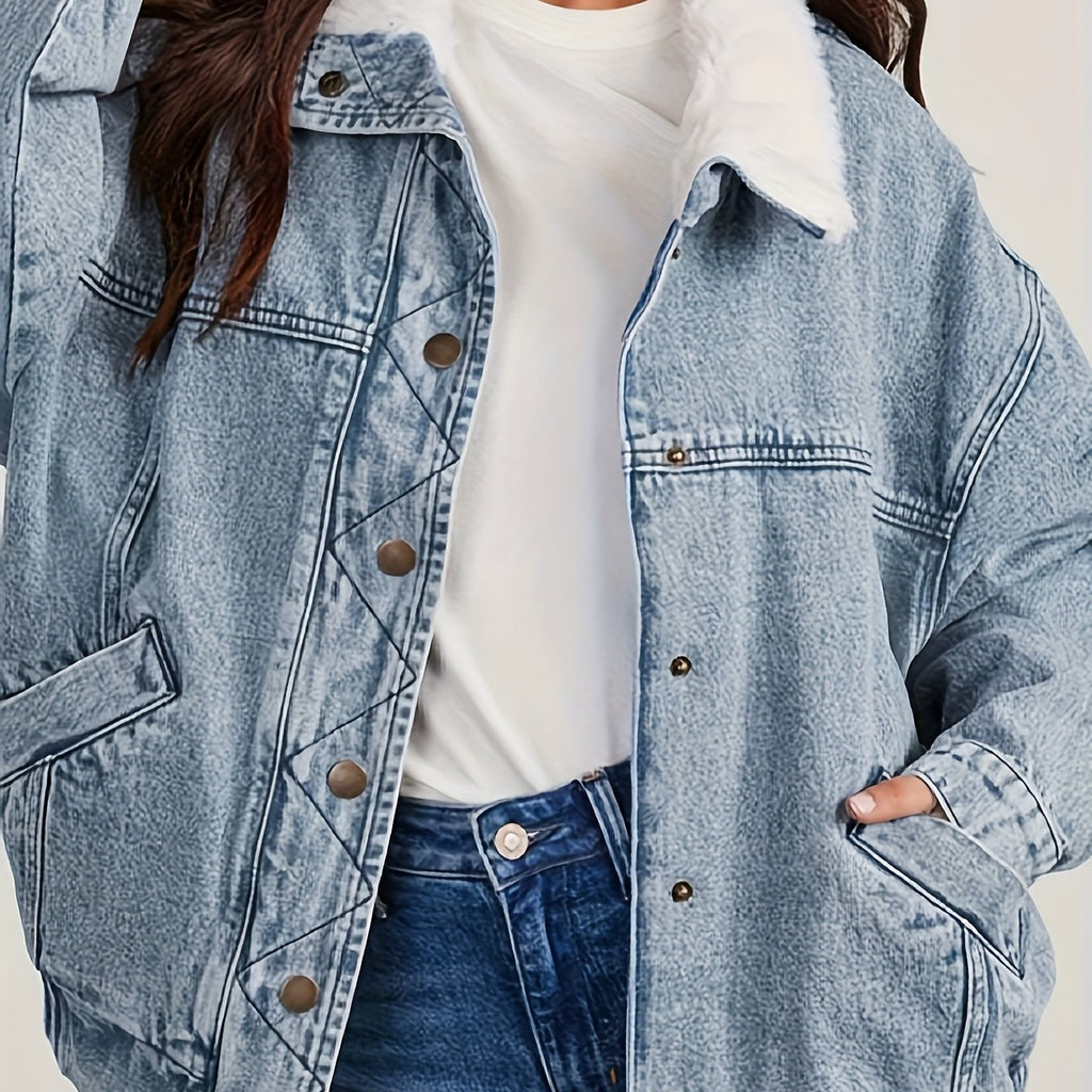 Veste grande taille, tenue franche, chaleur d'hiver — matière : denim