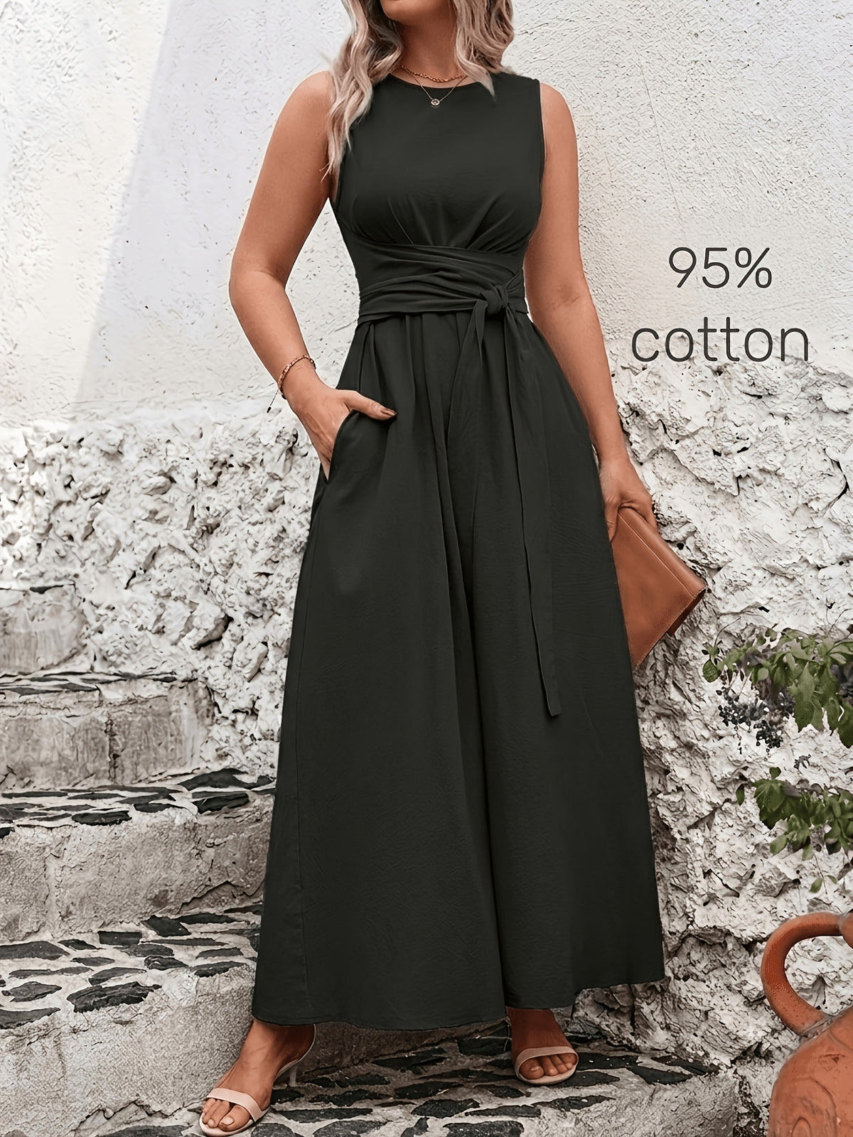 Robe longue grande taille — Coton, ceinture nouée au dos