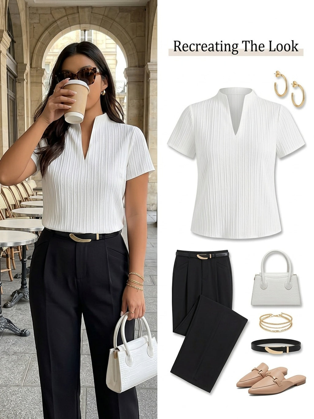 Chemise grande taille, col V, manches courtes, porté de face