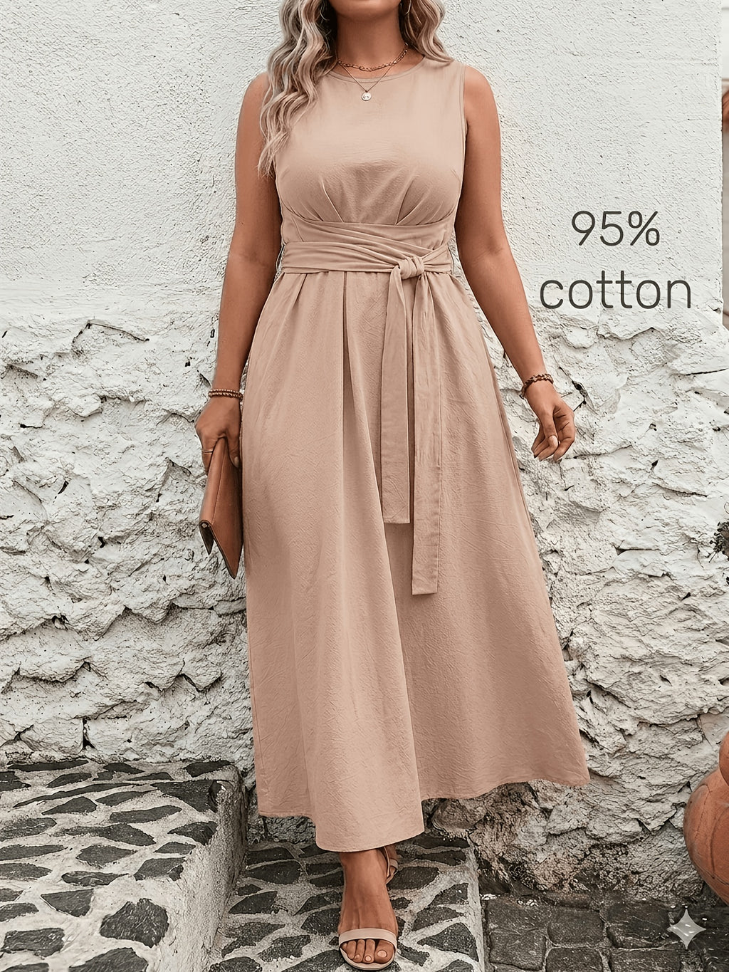 Robe longue grande taille — Coton, ceinture nouée au dos