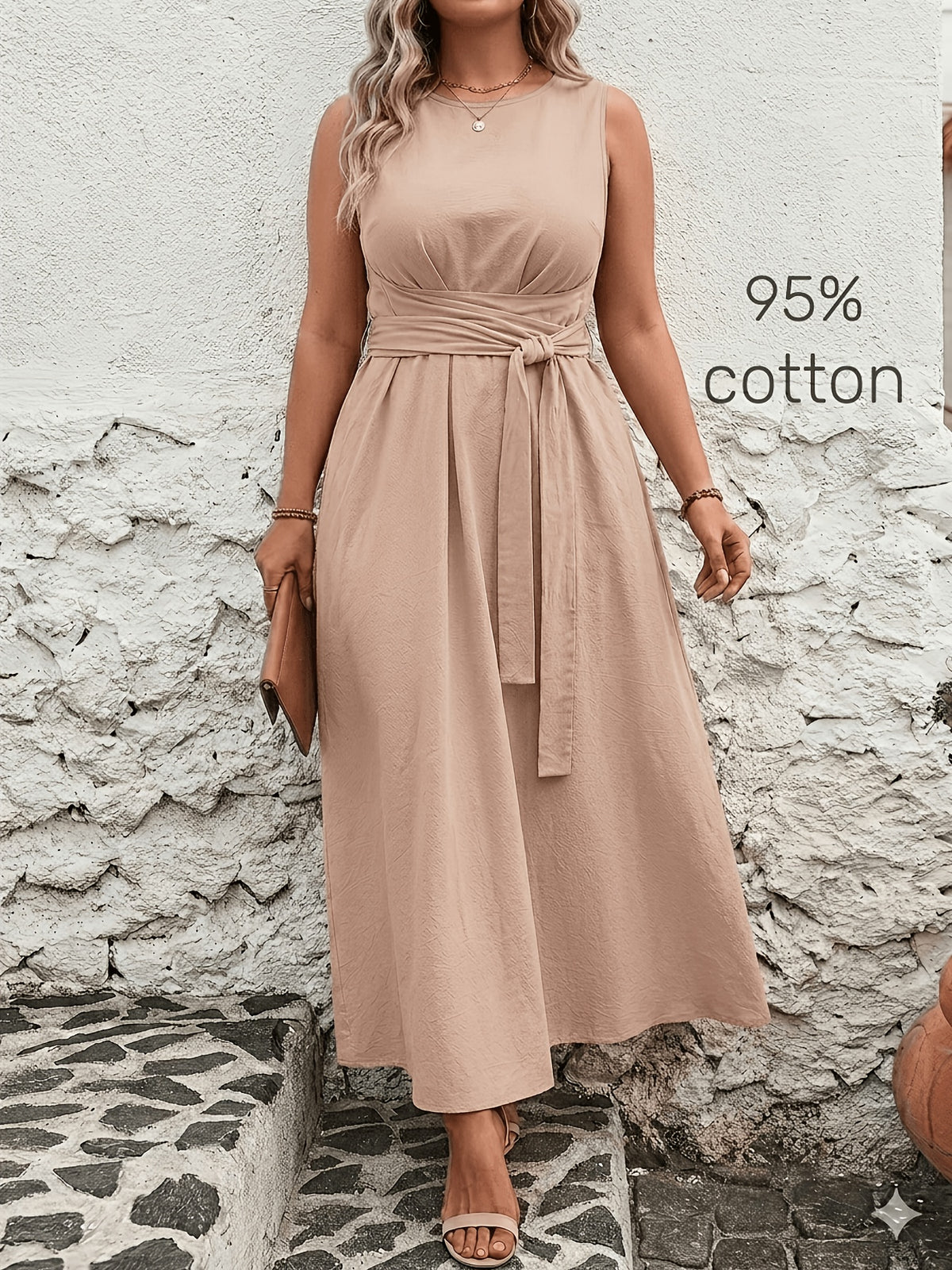 Robe longue grande taille — Coton, ceinture nouée au dos
