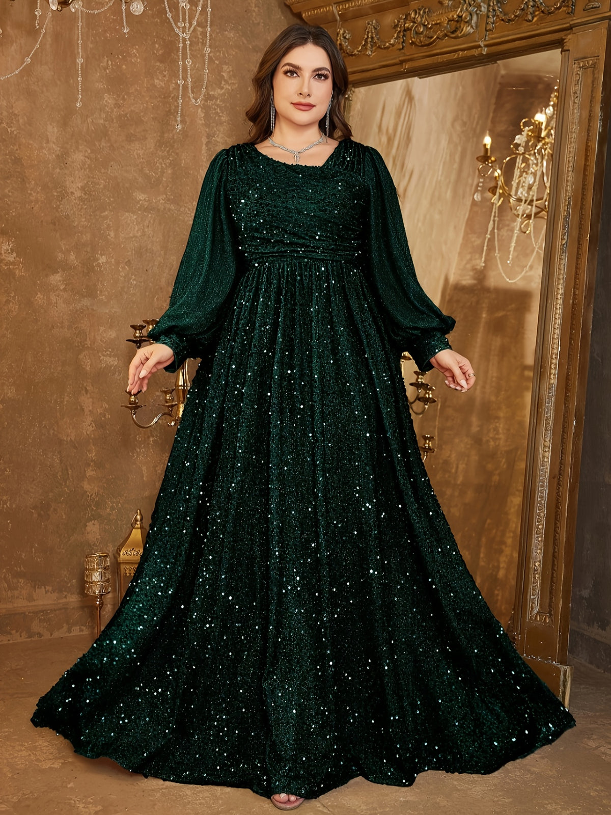 Robe de cérémonie grande taille, manches lanternes pailletées