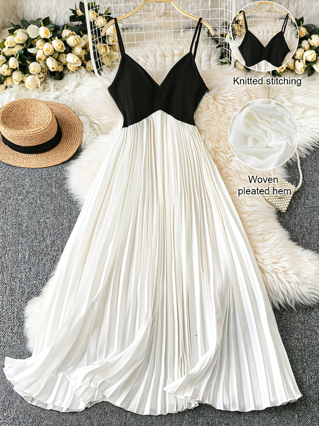 Robe longue grande taille, buste maille et jupe plissée écrue
